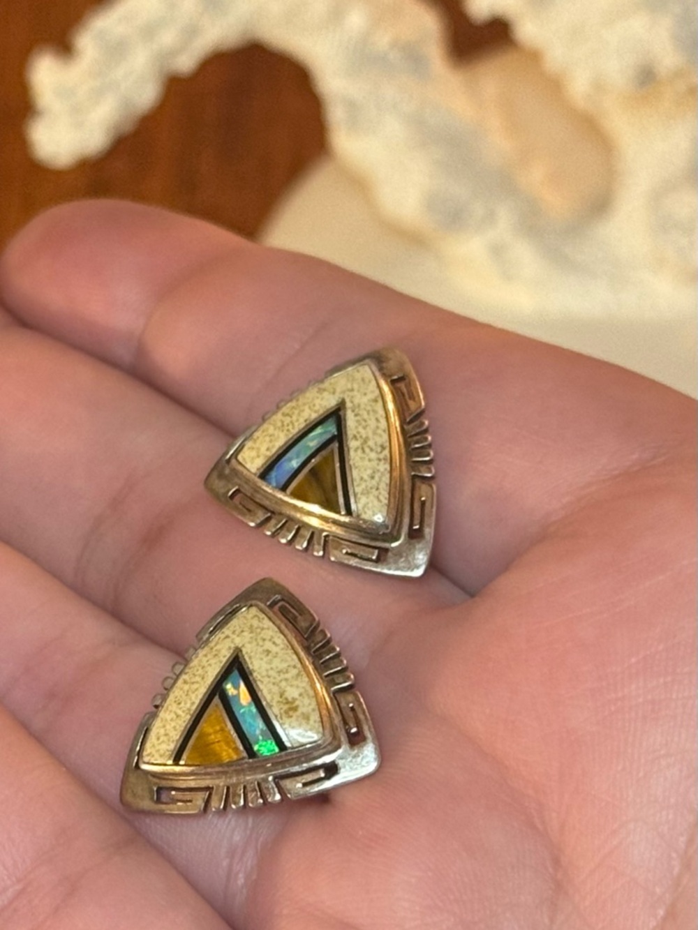 Native American Sterling VTG Inlay Earrings - Picture 13 of 16
